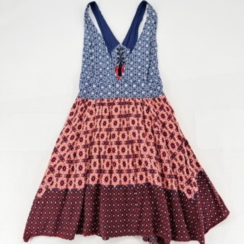 Lulus La Vie en Roses Floral Boho Dress Red‎ Blue Print Tie Back S